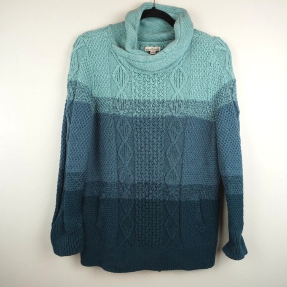 LL Bean Signature Teal Colorblock Heavy Knit Funnelneck Sweater Size‎ Large